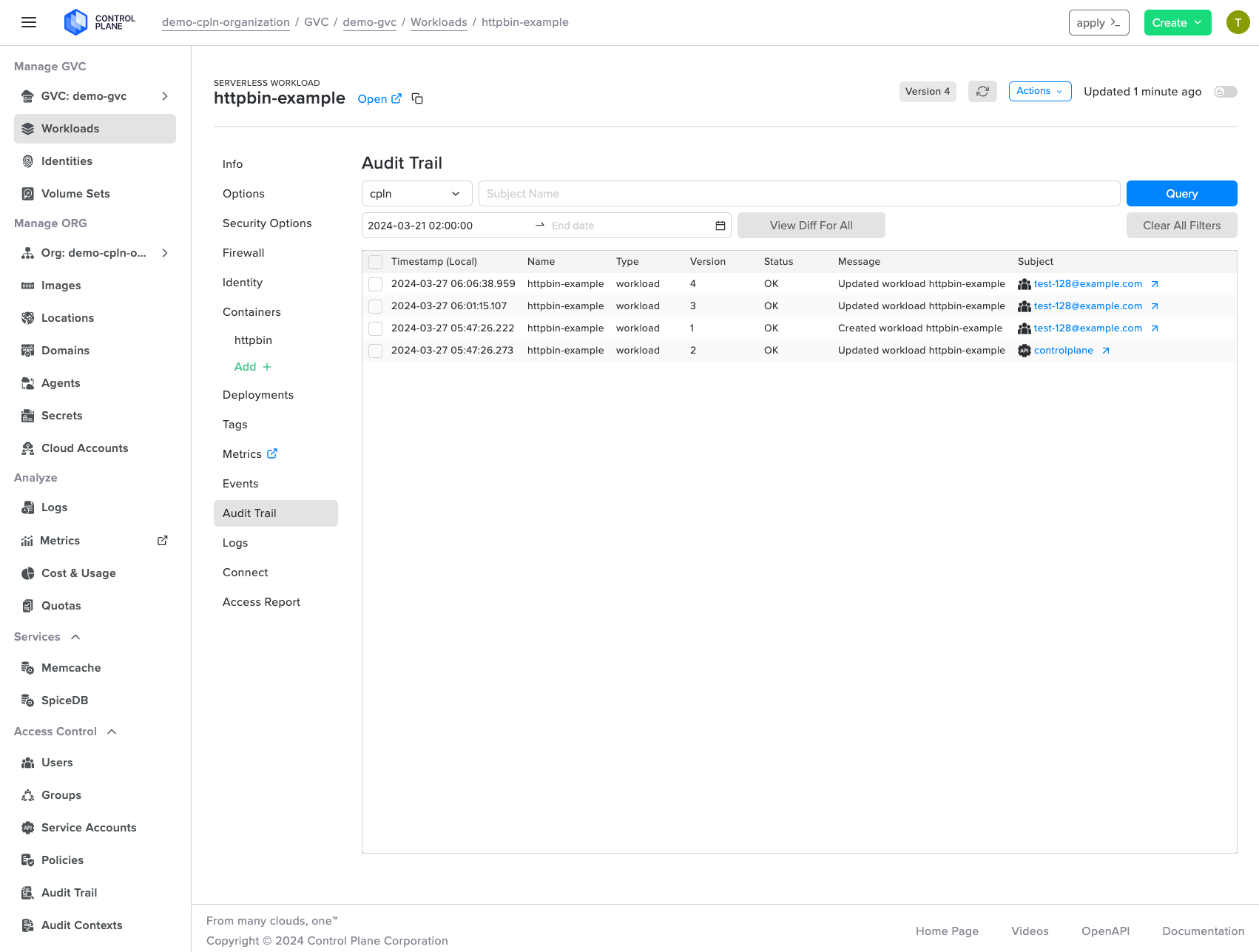 Screenshot exhibits the detailed audit trail for a specific workload, displaying the timestamp, workload name, version, status, modification details, and the user responsible for each change.