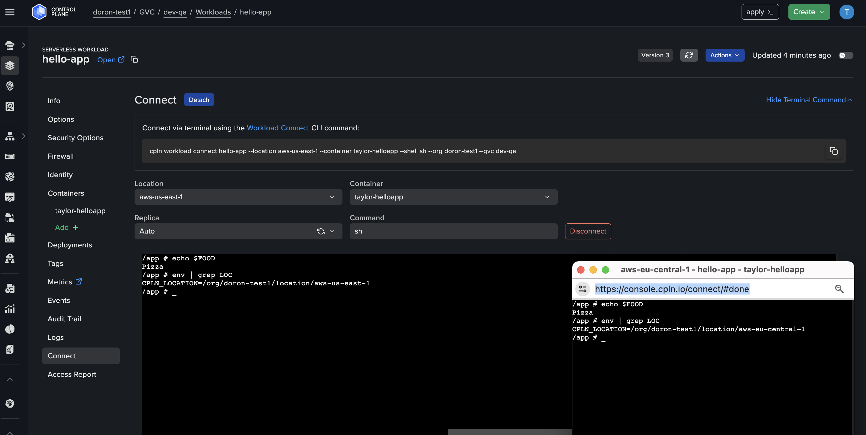 Screenshot illustrates the "Connect" tab, enabling users to establish SSH sessions to specific containers within their workloads, with the option to detach sessions into separate windows.